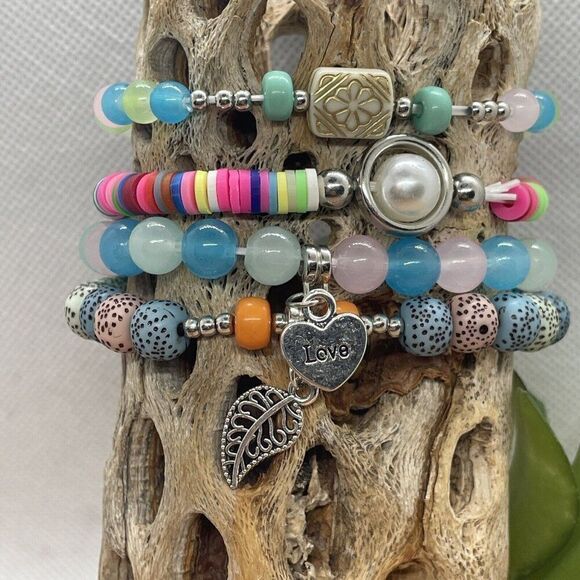 Turquoise Black Lava Heart Boho Stretch Stack Beaded Bracelets Set Of 4 HOT PINK - Picture 14 of 14